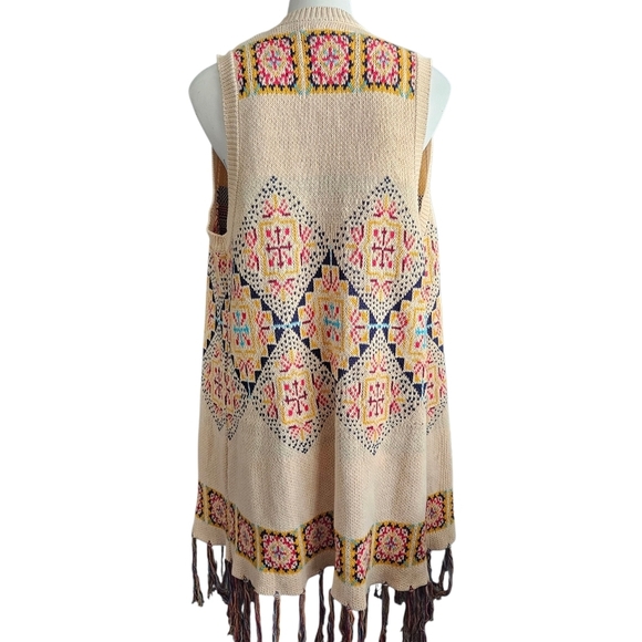 Powder River Outfitters Open Front Aztec Jacquard Print Fringe Cardigan Large - Picture 3 of 9